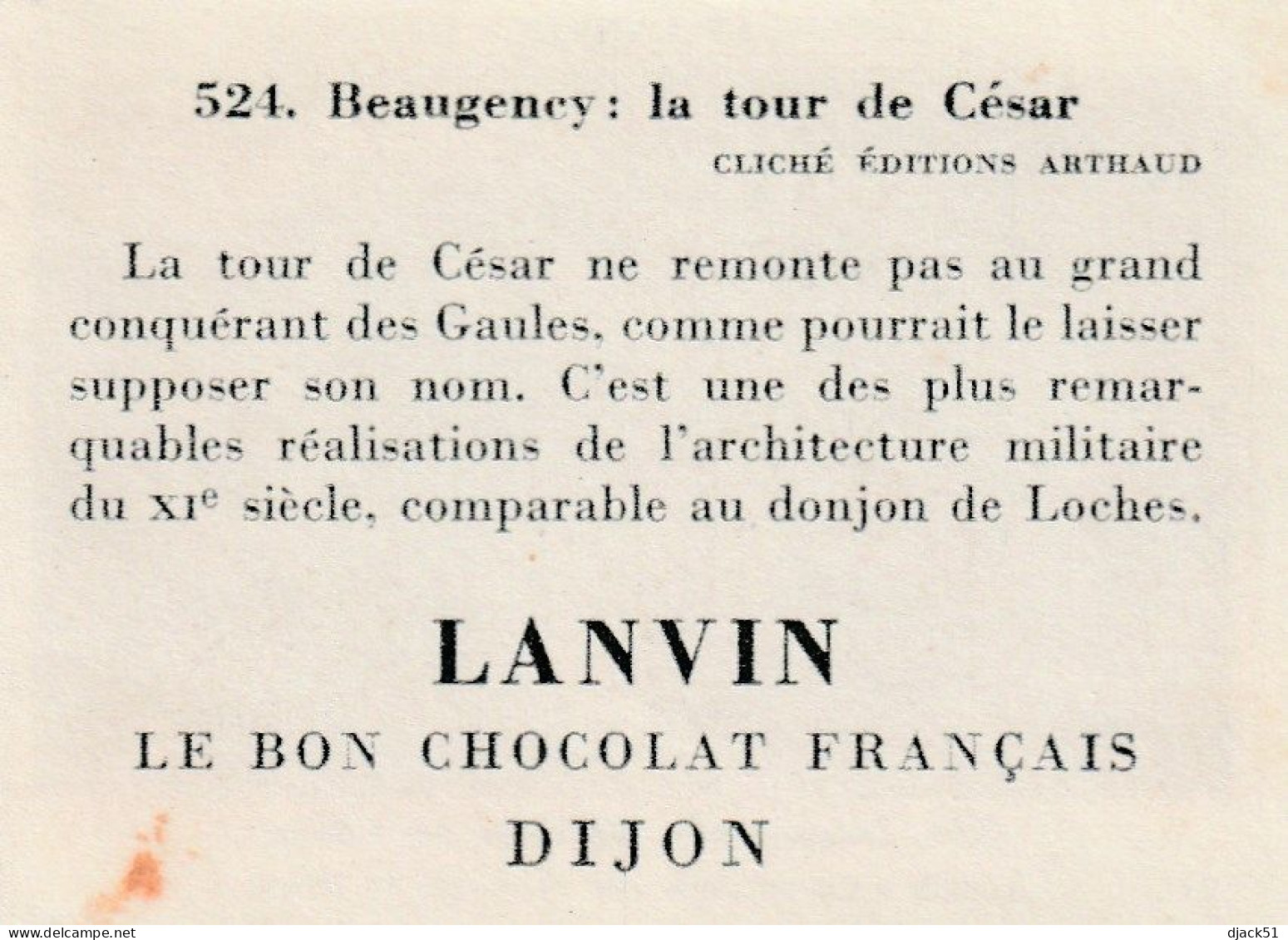 Ancienne Image / CHOCOLAT LANVIN - DIJON / N°524 - 4e Série - Beaugeney : La Tour De César - Andere & Zonder Classificatie