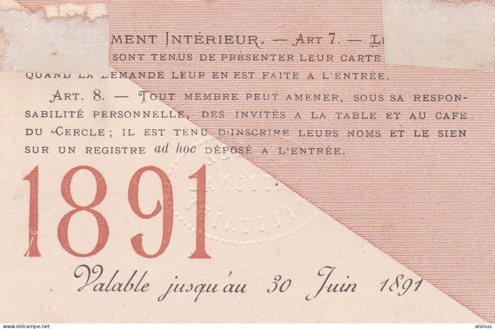 1891 - CERCLE NATIONAL DES ARMEES DE TERRE ET DE MER - CARTE DE MEMBRE PERMANENT - CACHET CERCLE NATIONAL MILITAIRE - Lidmaatschapskaarten