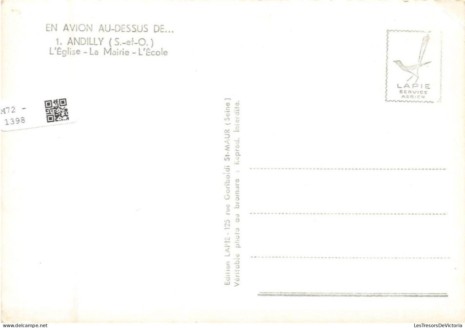 [-10%] FRANCE - Andilly - LEglise - La Mairie - LEcole - En Avion Au-dessus - Carte Postale Ancienne - Andilly