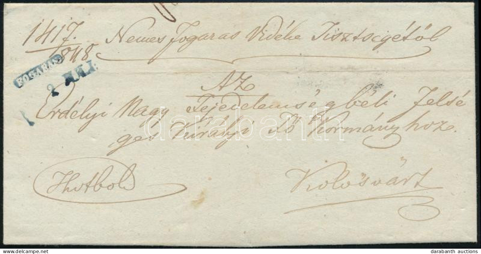 1848 Ex Offo Levél Kék Negatív "FOGARAS" Bélyegzéssel Kolozsvárra. Ritkán Látható Ilyen Minőségben!/ Ex Offo Cover With - Andere & Zonder Classificatie