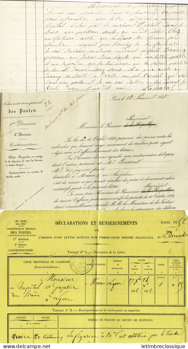 Lettre N°3 20c Noir Oblitéré Grille Et PC 1824 De Macon (Saône Et Loire) Sur Lettre Avec T15 Macon 27.12.52 Pour Lyon, C - 1849-1850 Ceres