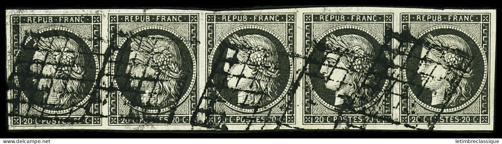 Lettre N°3c 20c Gris-noir En Bande De Cinq Très Bien Margée, Obl. Grille, TTB Et Très Rare (le Gris-noir étant Déjà Rare - 1849-1850 Ceres