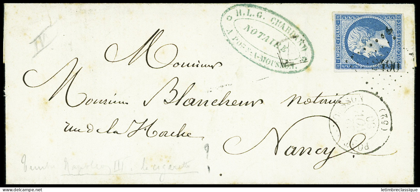 Lettre Variété à La Cigarette Sur N°14A Obl. PC Sur Lettre De Pont-a-Mousson, Meurthe-et-Moselle 1860 Pour Nancy, R. Cer - 1853-1860 Napoléon III