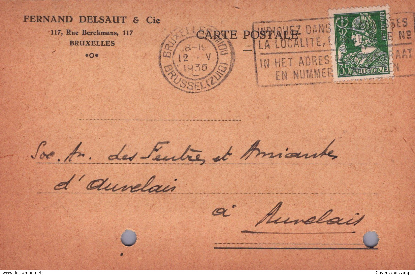 CP / PK - Stempel: Bruxelles (Midi) / Brussel (Zuid) - "Fernand Delsaut & Cie, Bruxelles" - 1932 Ceres E Mercurio