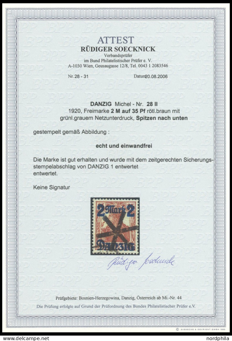 FREIE STADT DANZIG 28II O, 1920, 2 M. Auf 35 Pf., Hellgrauer Netzunterdruck, Spitzen Nach Unten, Zeitgerechter Sicherung - Afgestempeld