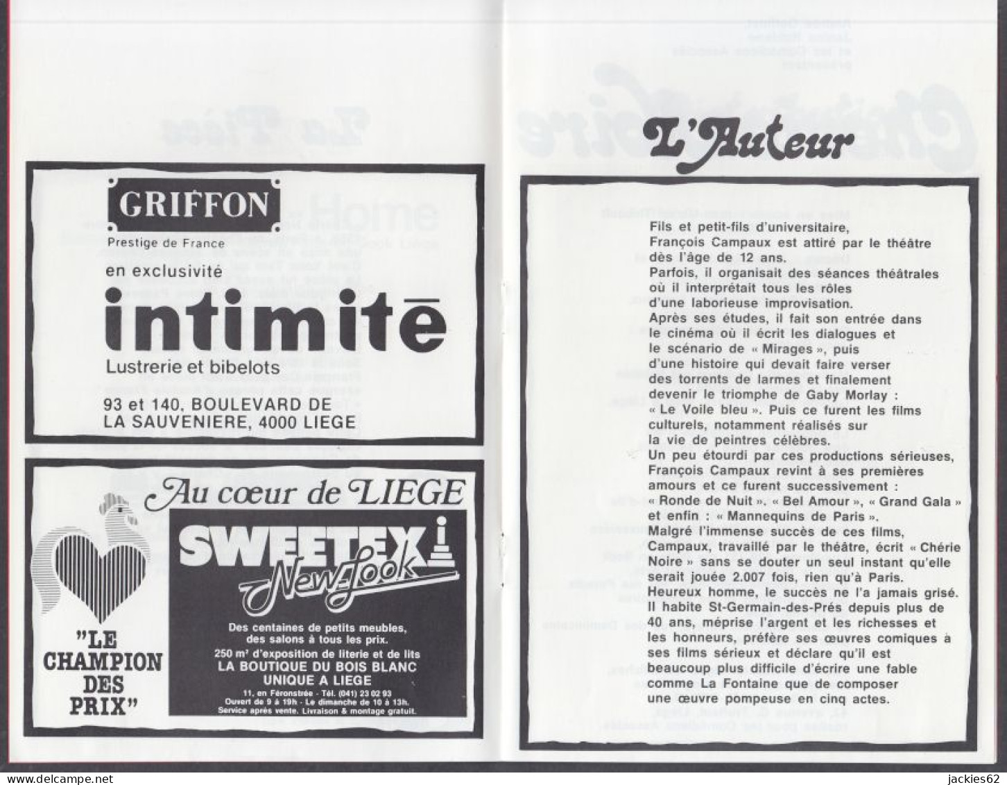 142PF/ LIEGE, TROCADÉRO, Les Comédiens Associés, 03/1983, *Chérie Noire* De François Campaux - Programas
