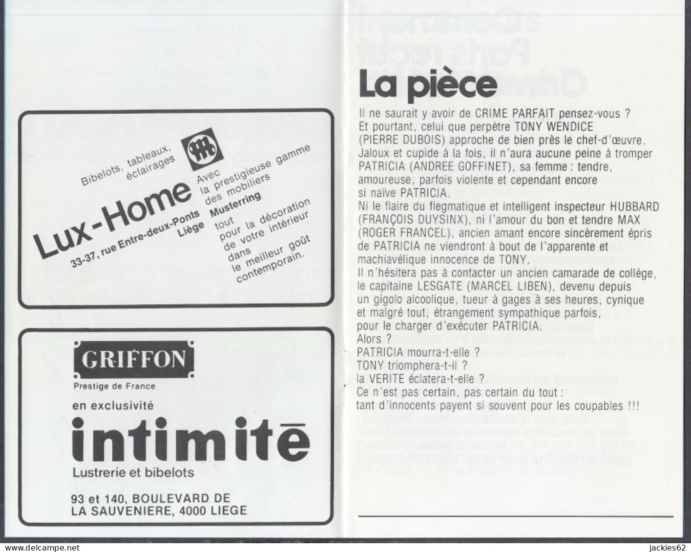 137PF/ LIEGE, TROCADÉRO, Les Comédiens Associés, 02/1982, *Crime Parfait* De Frédérick Knott - Programas