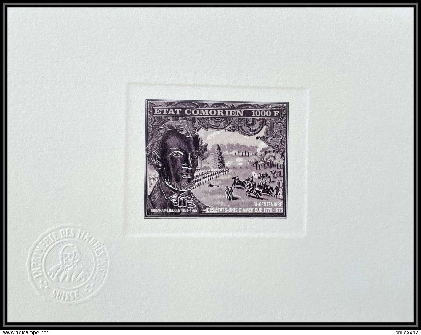 95260 N°38 1976 Bi-centennial USA Lincoln Comores Etat Comorien Epreuves D'artiste Artist Proof Complet - Us Independence