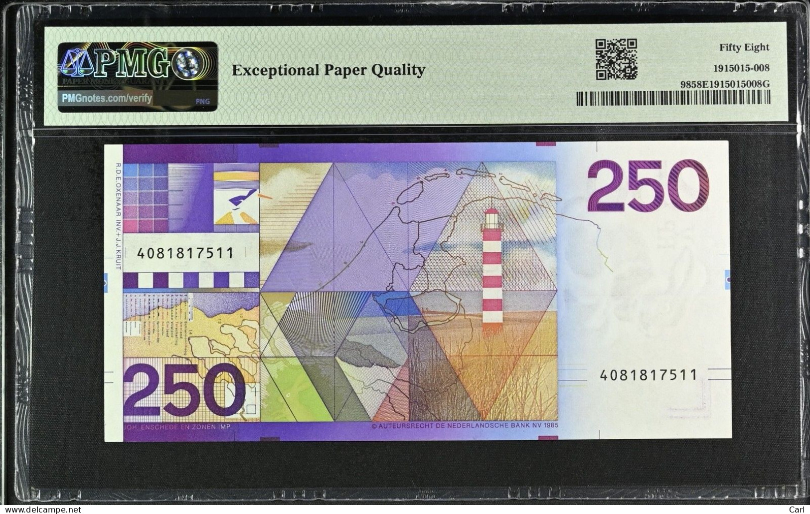 Netherlands About UNC Banknote 250 Gulden Lighthouse 1985, PMG 58 EPQ - 250 Gulden