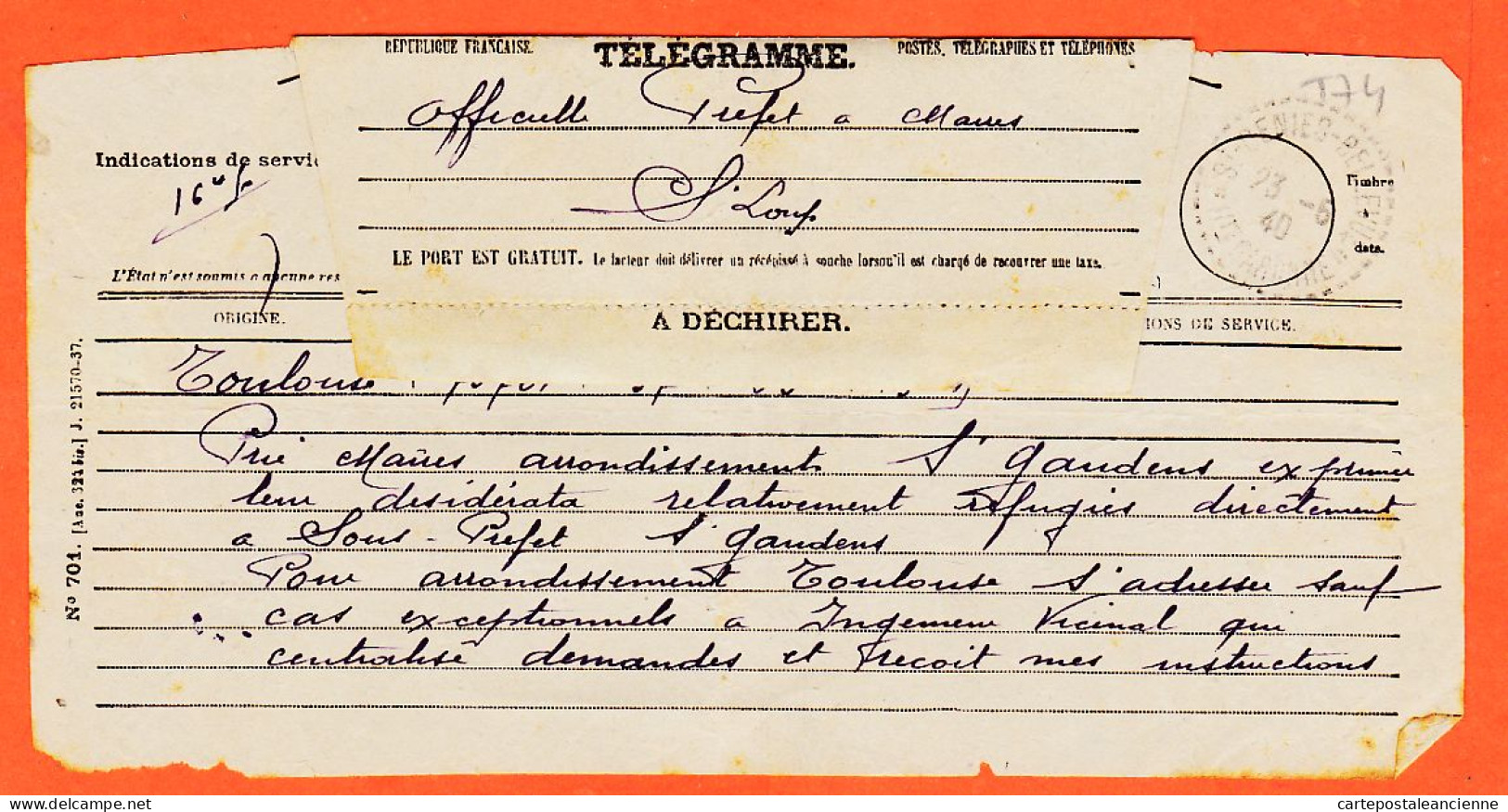 21043 (•◡•) Rare 23-05-1940 Telegramme WW2 ! @ Desirata Refugiés ST-GAUDENS Instructions @  Prefet à Maire SAINT-LOUP - Documents