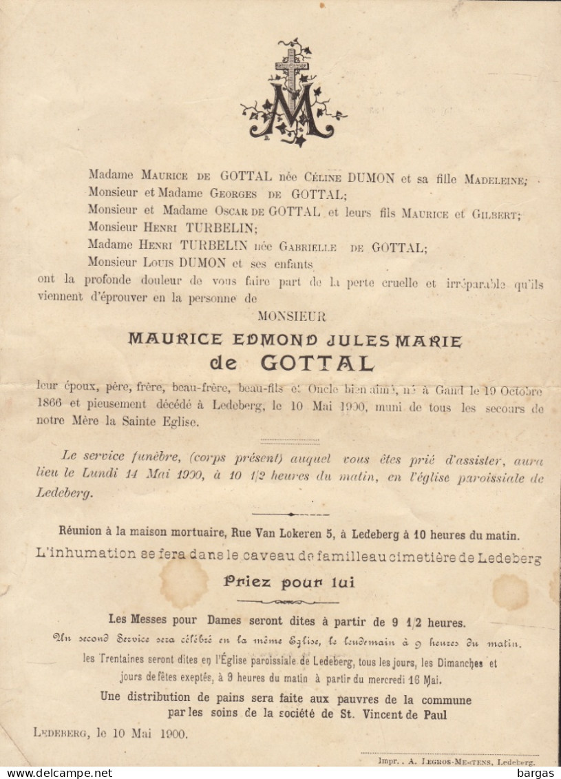 Faire Part De Décès Maurice De Gottal Gand Ledeberg - Dumon Turbelin - Esquela