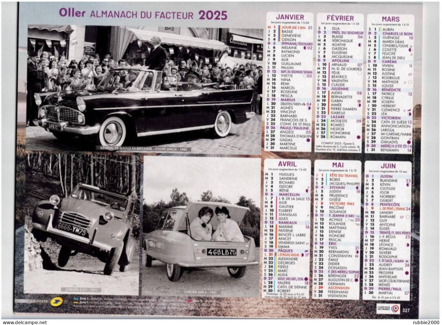 2025 CALENDRIER ALMANACH DU FACTEUR VOITURE A PEDALES AUTOMOBILE PANHARD DYNA RENAULT CITROEN SIMCA GENERAL DE GAULLE - Big : 2001-...