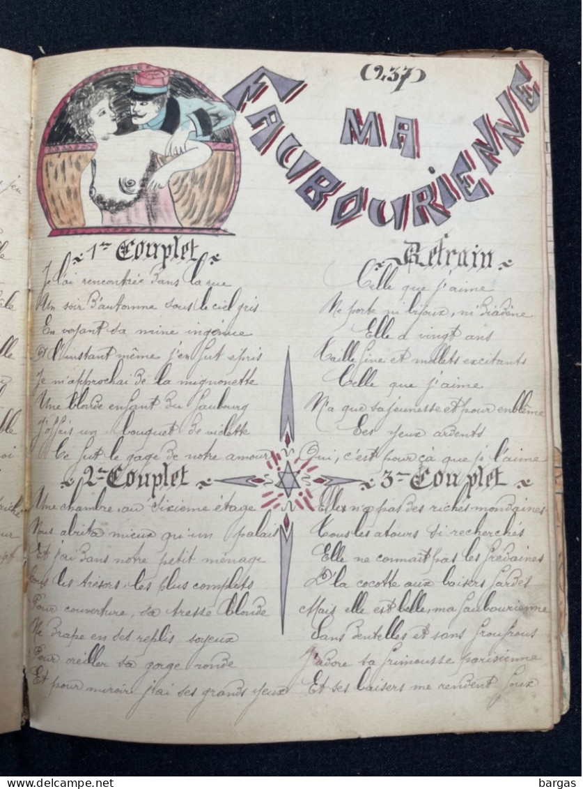 Militaria - Beau recueil de chansons avec dessins originaux 1904 fort de sennecey Pariat Claude