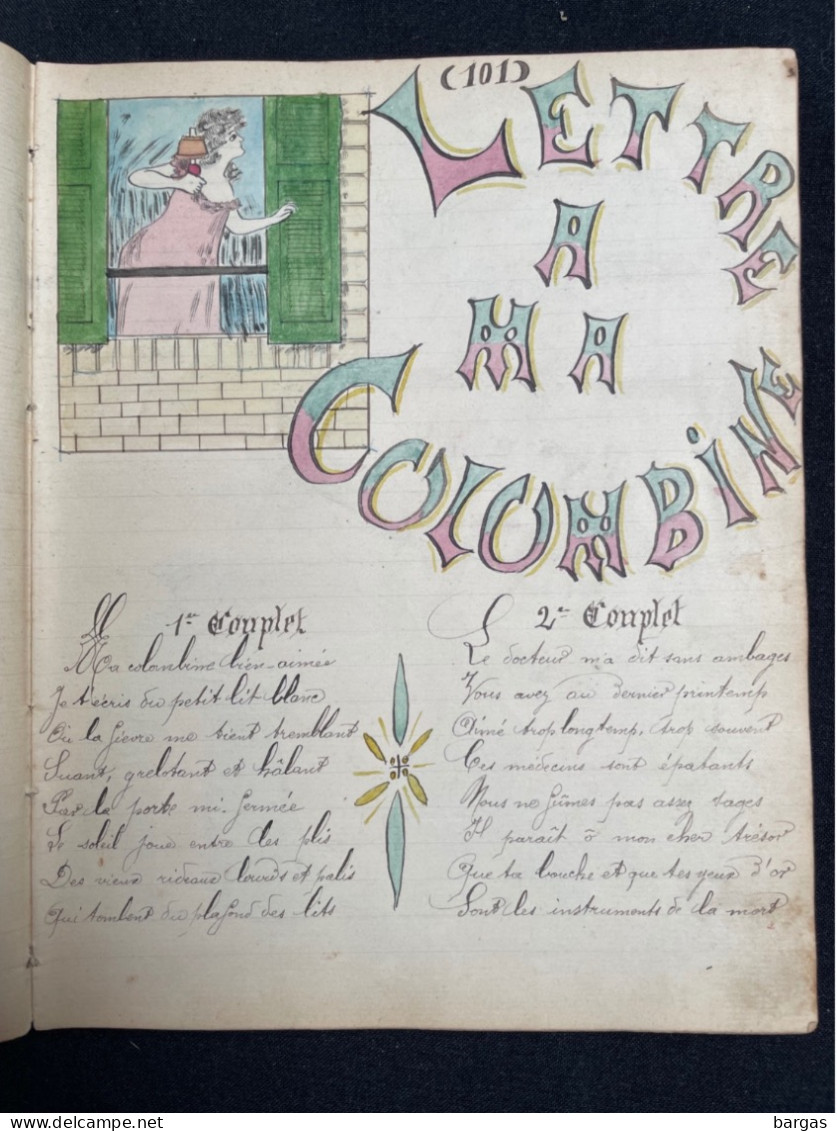 Militaria - Beau recueil de chansons avec dessins originaux 1904 fort de sennecey Pariat Claude