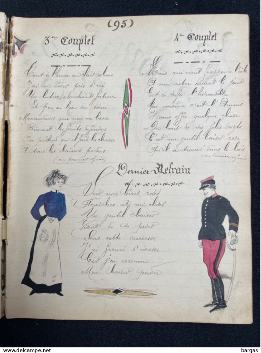 Militaria - Beau recueil de chansons avec dessins originaux 1904 fort de sennecey Pariat Claude