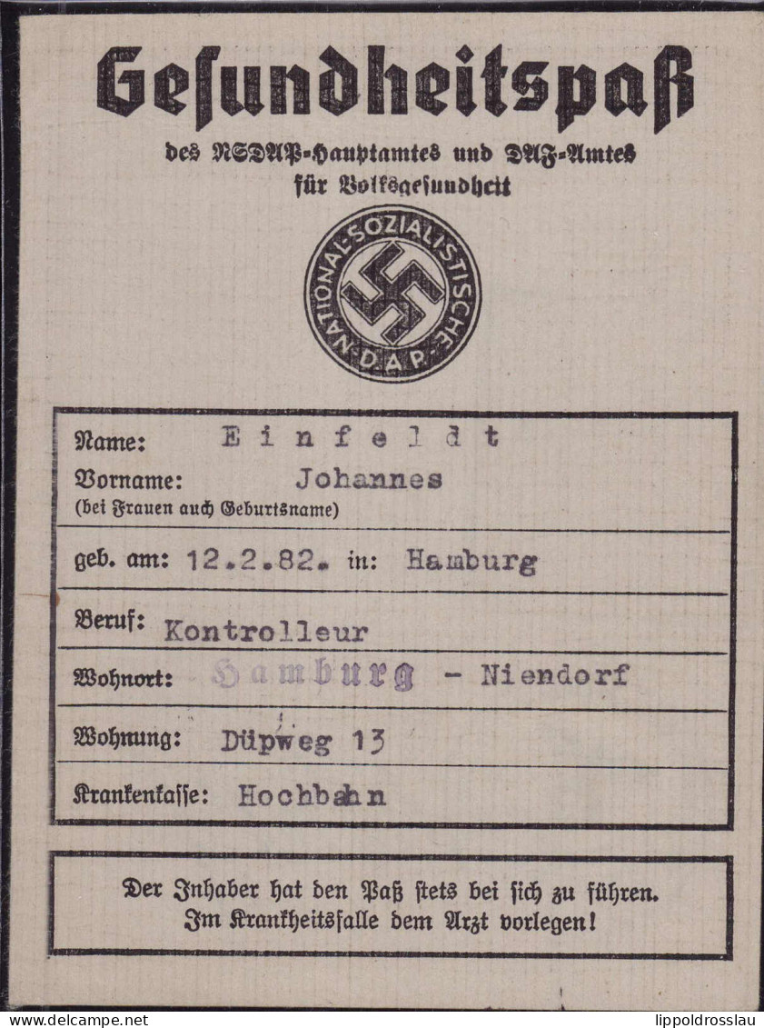 Gesundheitspaß III. Reich Hamburg 1939 - Sin Clasificación