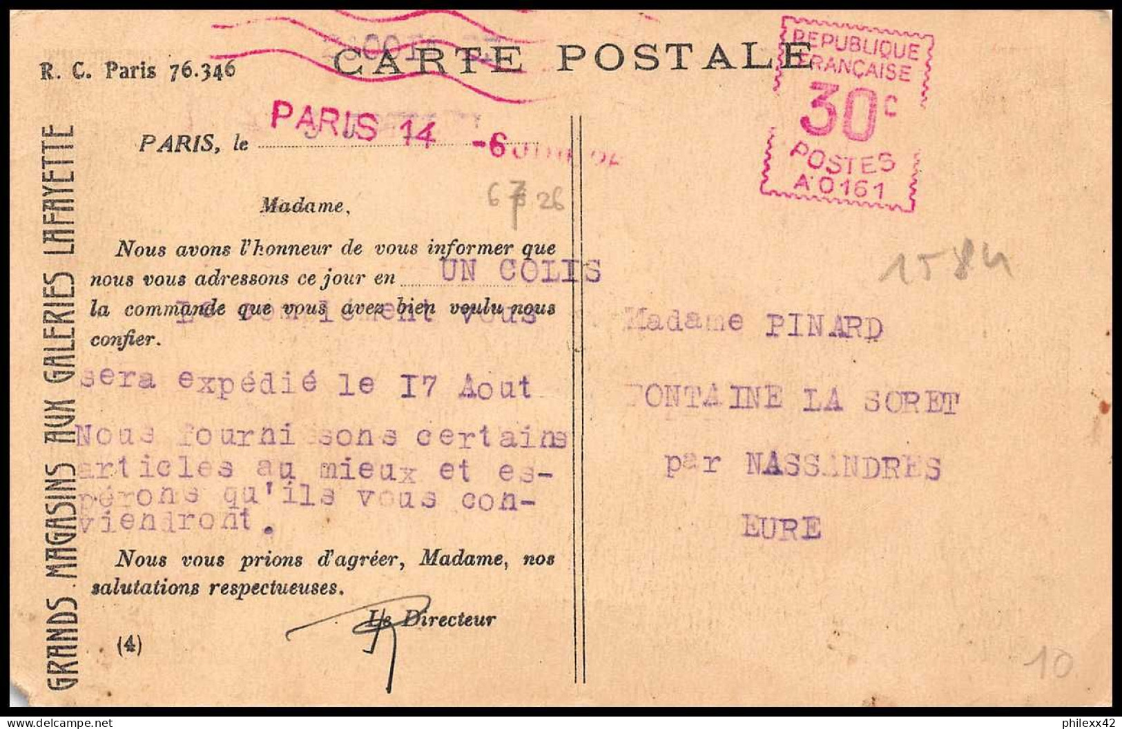 15484 Affranchissement Mécanique 30c Fontaine-la-Soret 1926 Carte Galeries Lafay Ette Postcard France - Freistempel