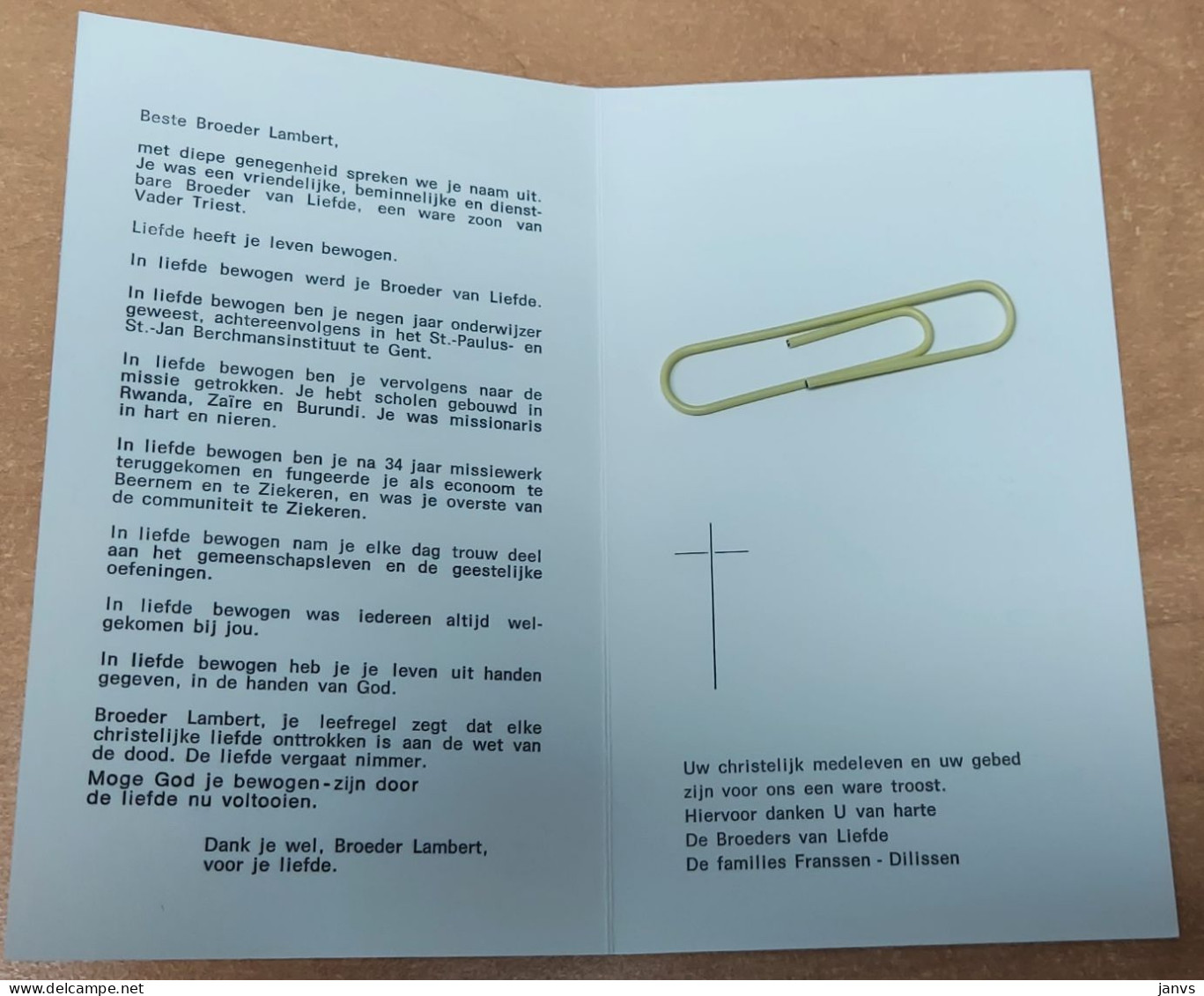 DP - Broeder Cletus Priester Lambert Franssen - Overpelt 1905 - Sint-Truiden 1990 - Overlijden