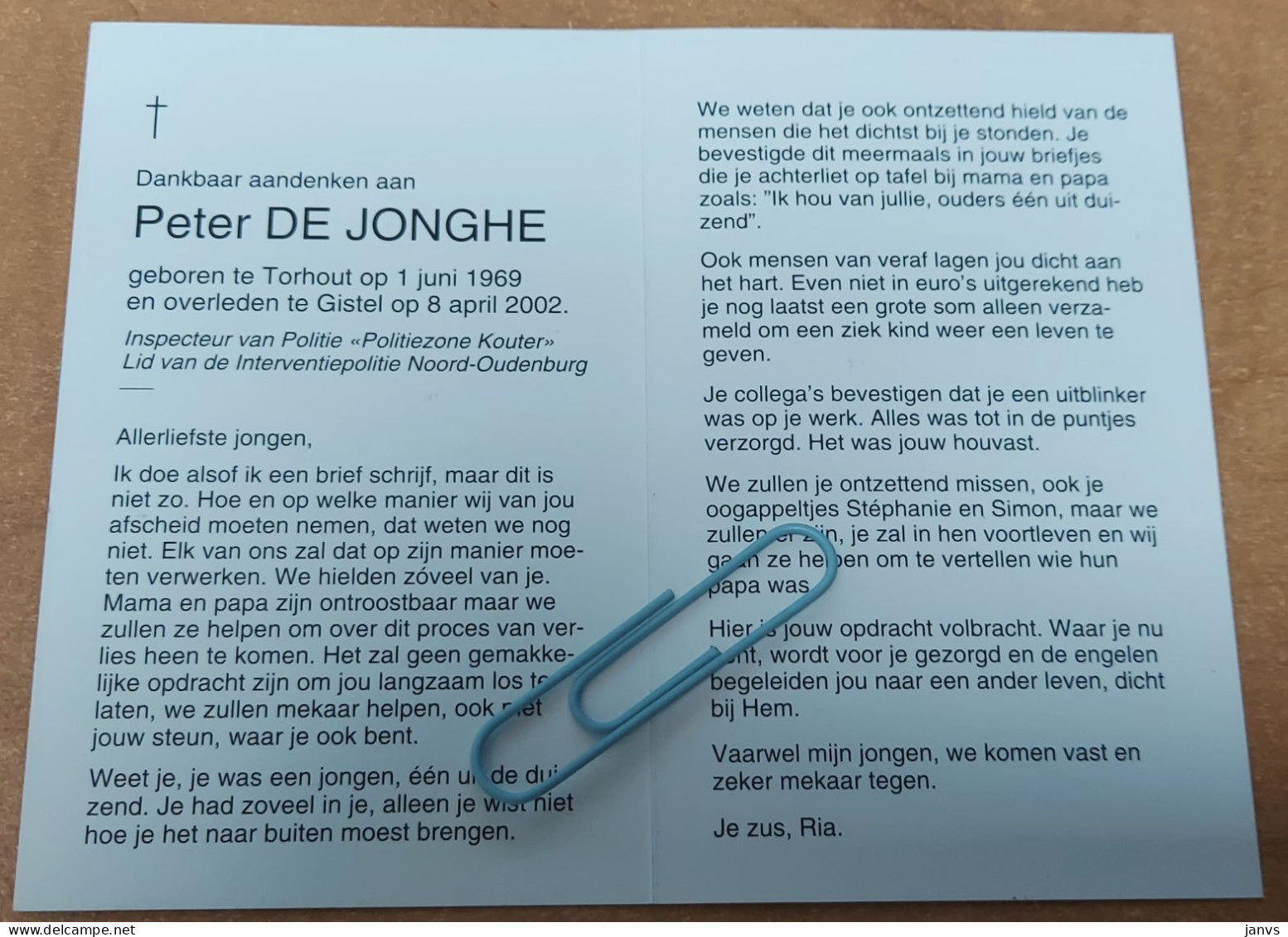 DP - Peter De Jonghe - Torhout 1969 - Gistel 2002 - Politie - Noord-Oudenburg - Esquela