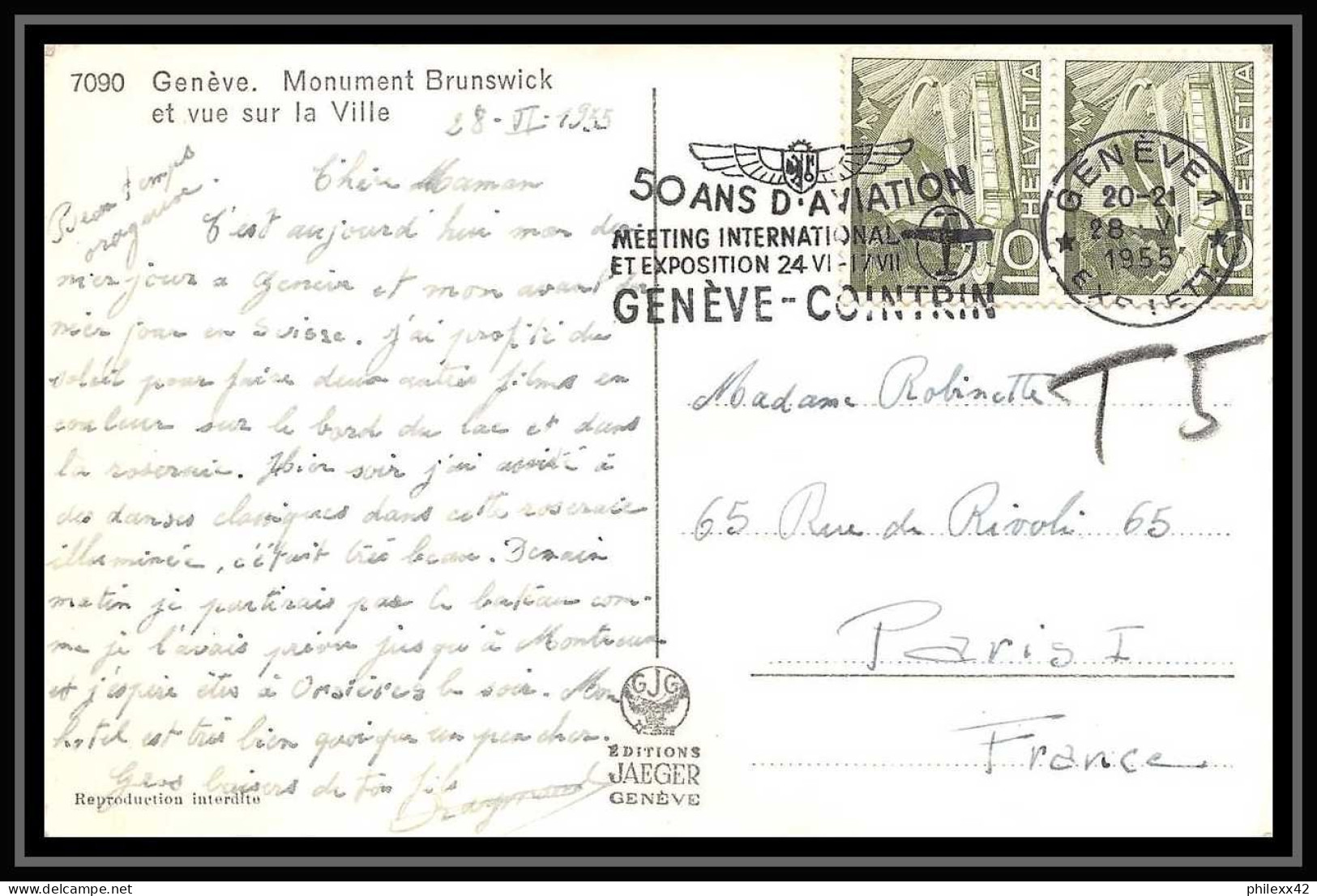 41635 Suisse (Swiss) 1955 50 Ans D'aviation Geneve Aviation PA Poste Aérienne Airmail Carte Postale (postcard) - Altri & Non Classificati