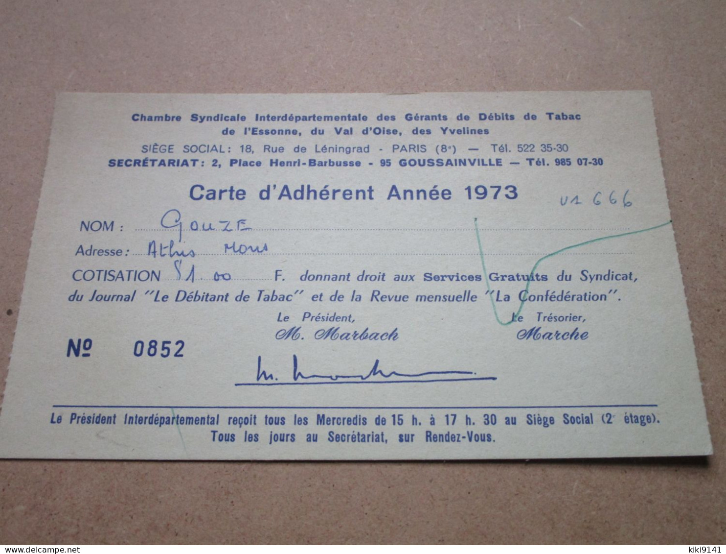 Chambre Syndicale Interdépartementale Des Gérants De Débit De Tabac - Carte D'Adhérant 1973 - Sonstige & Ohne Zuordnung
