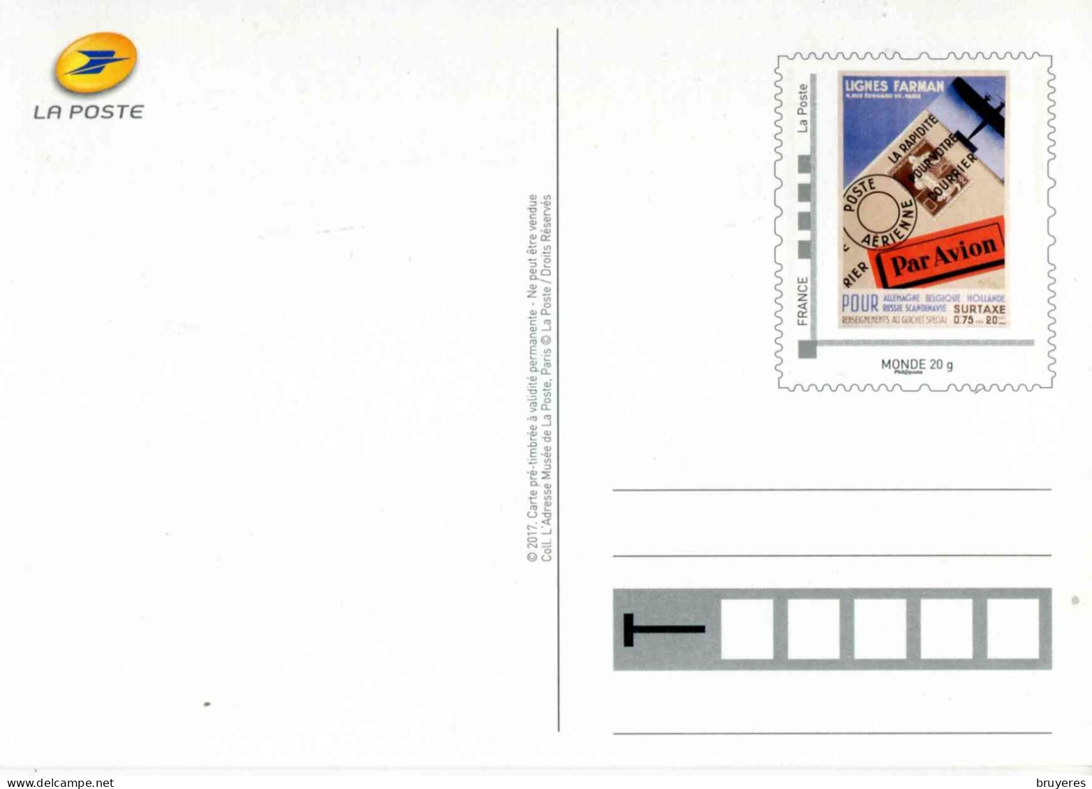 ENTIER POSTAL** De 2017 Sur CP Avec Timbre Et Illust.  "LIGNES FARMAN" - Prêts-à-poster:  Autres (1995-...)