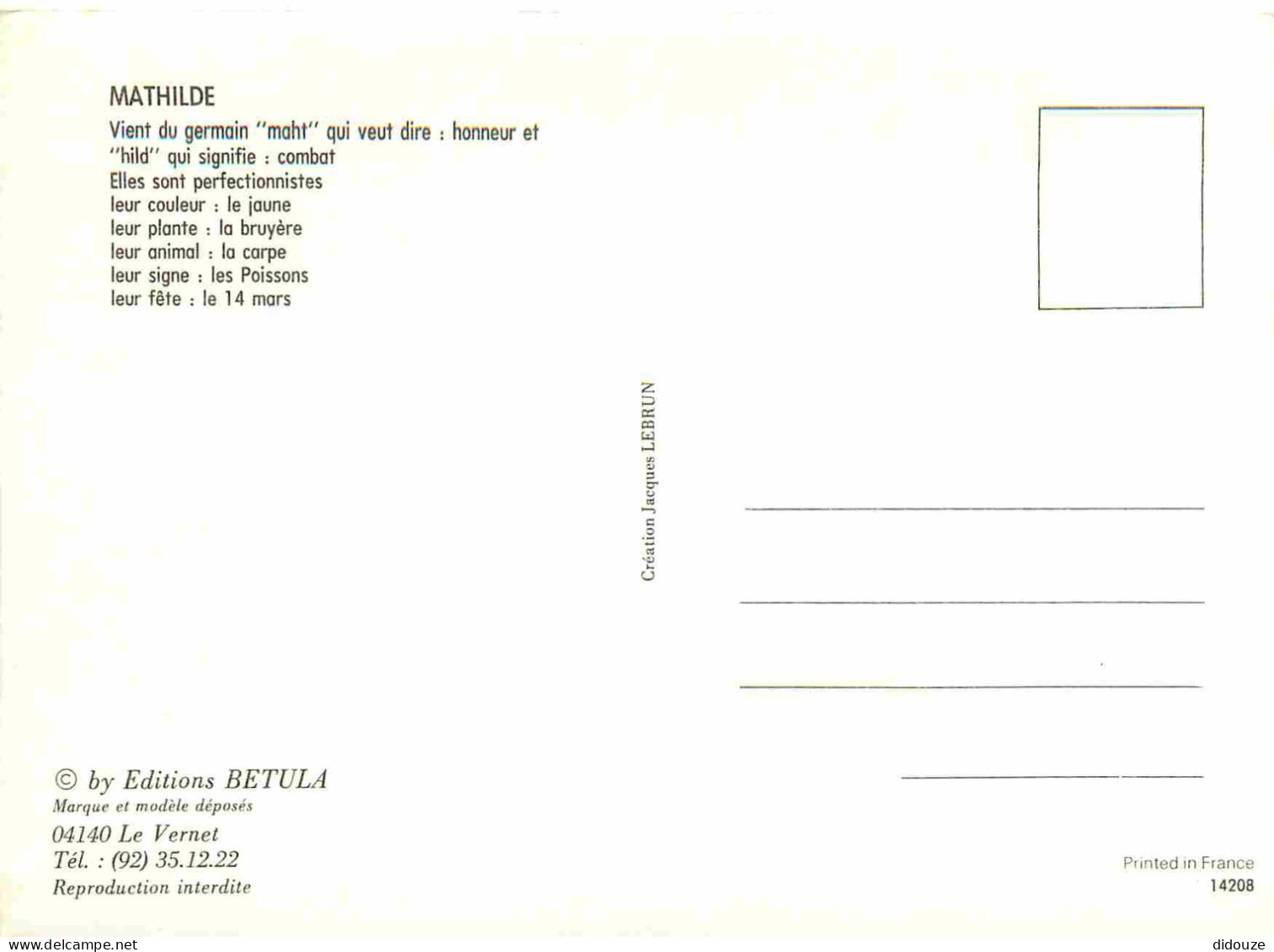 Prénoms - Mathilde - Pointillisme - Art Illustration - CPM - Carte Neuve - Voir Scans Recto-Verso - Firstnames