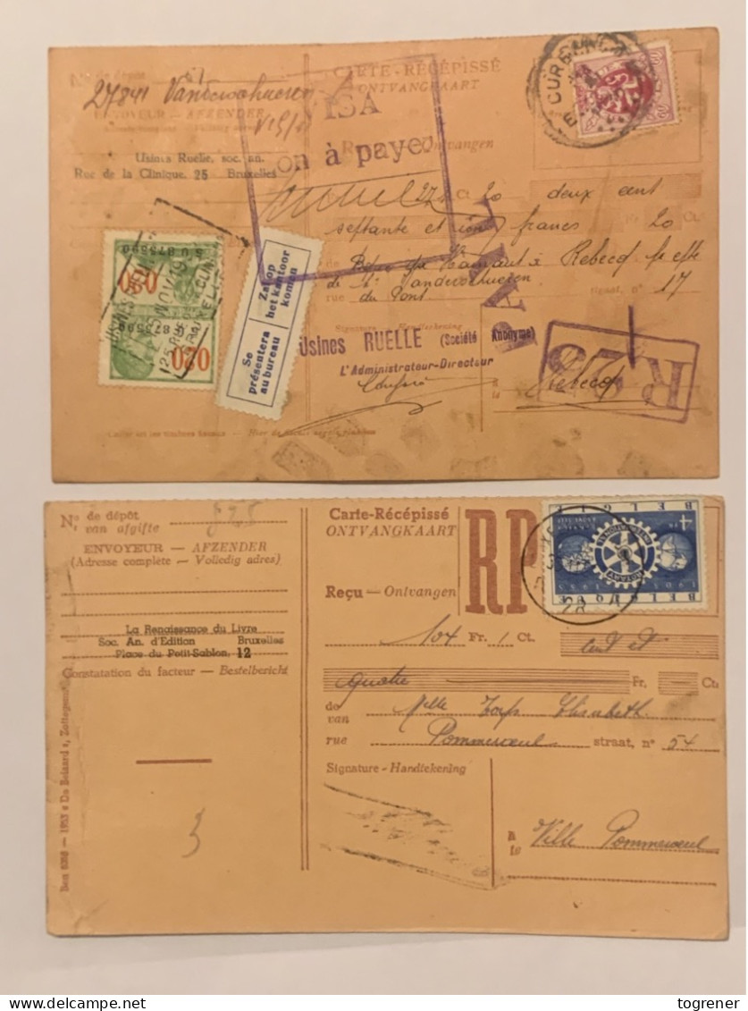 Carte-récepissé années 20–30 timbres fiscaux PAYÉ RP POSTES Bruxelles Anvers Braine-l’Alleud Wemmel… lot 56 pièces