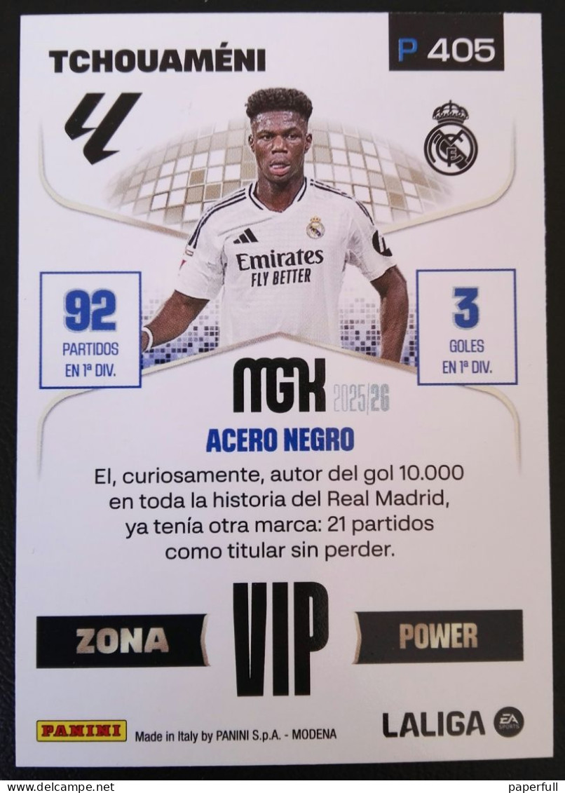 Cromo, Sticker PANINI MGK 2025/26 - Tchouaméni, Real Madrid (ZONA VIP POWER) #P405 - Edition Espagnole