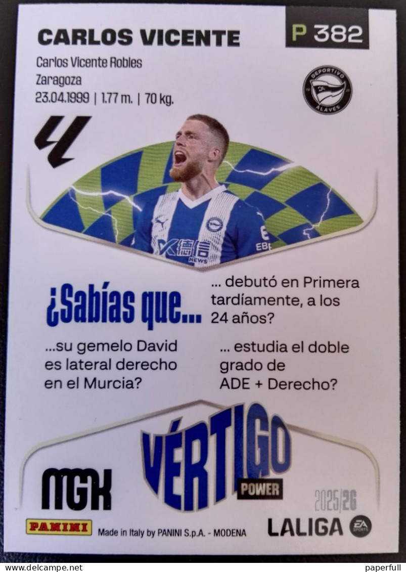 Cromo, Sticker PANINI MGK 2025/26 - Carlos Vicente, Alavés (VÉRTIGO) #P382 - Edition Espagnole