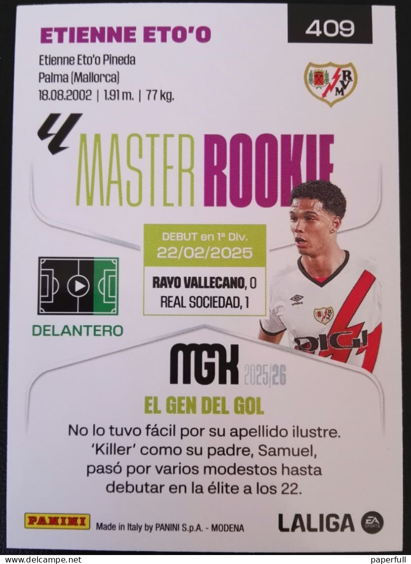 Cromo, Sticker PANINI MGK 2025/26 - Etienne Eto'o, Rayo Vallecano (MASTER ROOKIE) #409 - Edition Espagnole