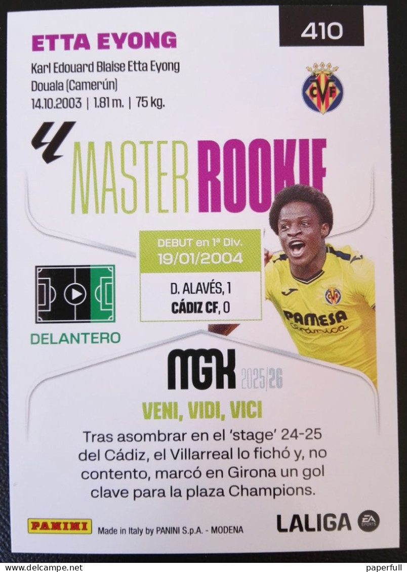 Cromo, Sticker PANINI MGK 2025/26 - Etta Eyong, Villarreal (MASTER ROOKIE) #410 - Edition Espagnole