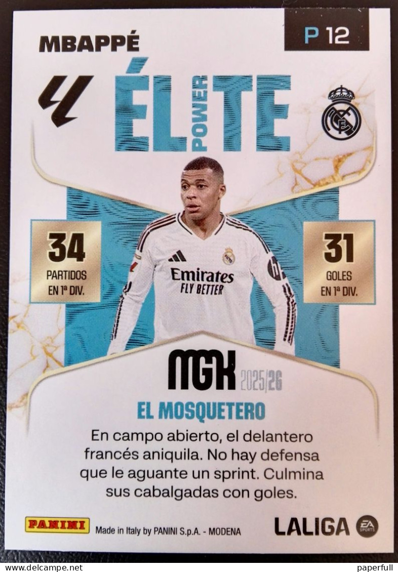 Cromo, Sticker PANINI MGK 2025/26 - Mbappé, Real Madrid (ÉLITE POWER, Firmado) #P12 - Edition Espagnole
