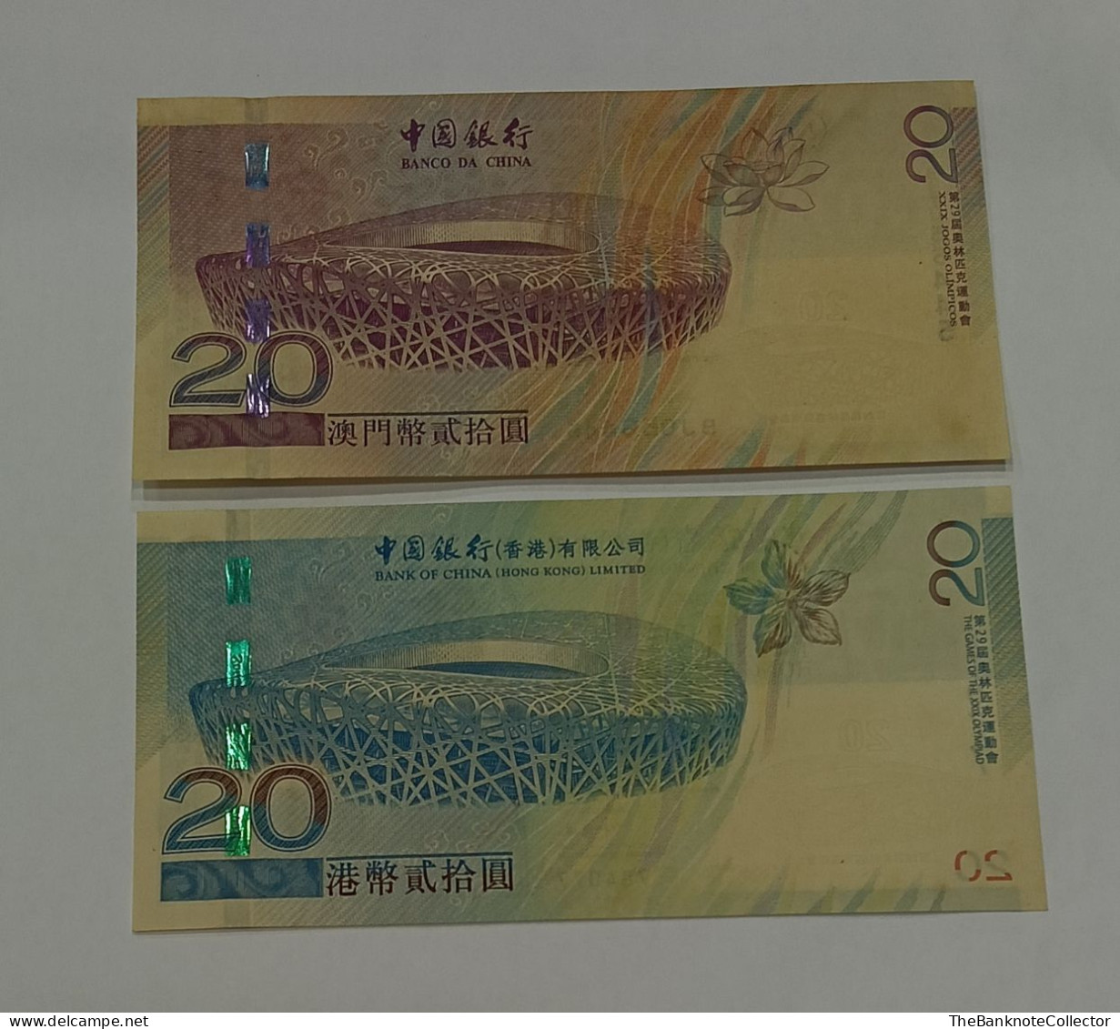 Hong Kong Macau 20 Dollars 2008 Olympics P-340b And P-107a UNC Set Of 2 - Hong Kong