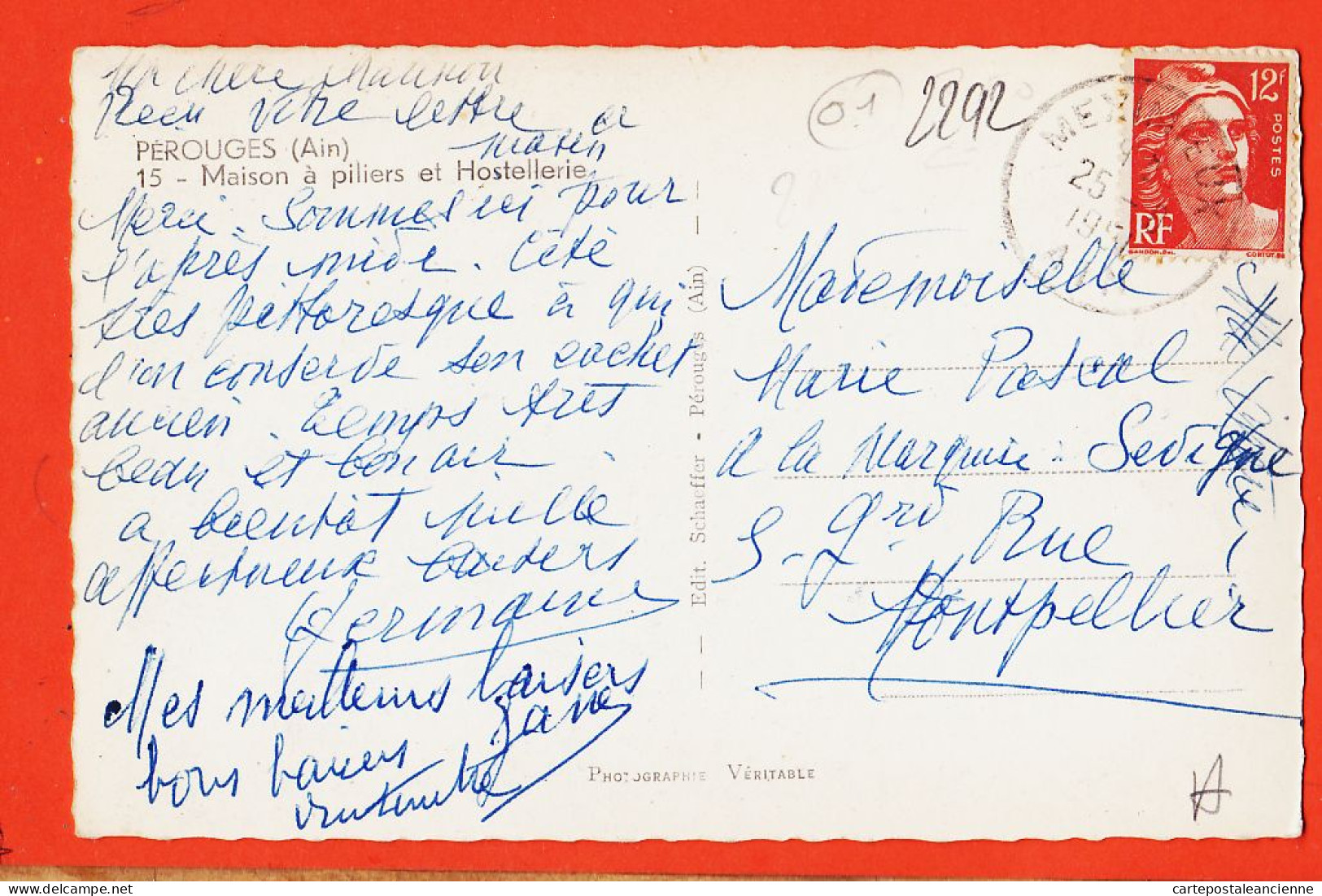 11470 /  ◉ PEROUGES 01-Ain ◉ Maison Piliers Hostellerie 1951 à Marie PASCAL Montpellier ◉ Photo-Bromure SCHAEFFER - Pérouges