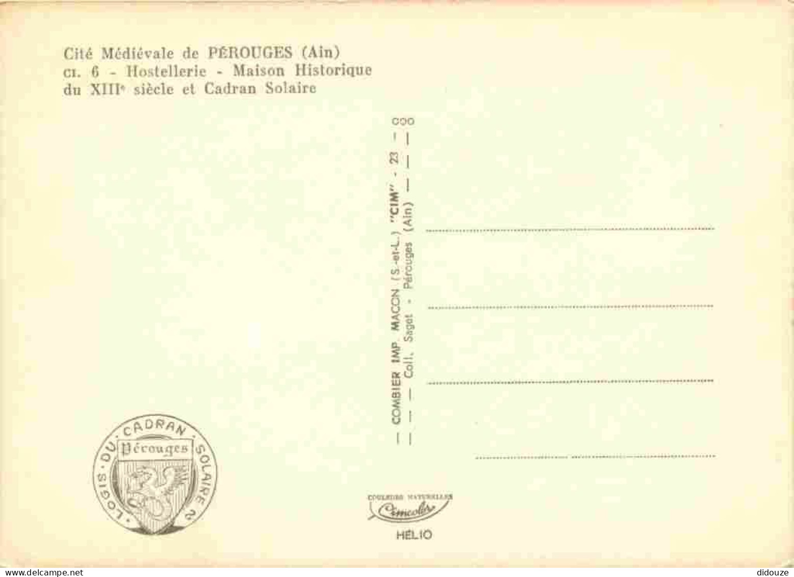 Carte Postale - 01 - Pérouges - L'Hostellerie - Maison Historique Du XIIIe Siècle Et Cadran Solaire - Cité Médiévale - V - Pérouges