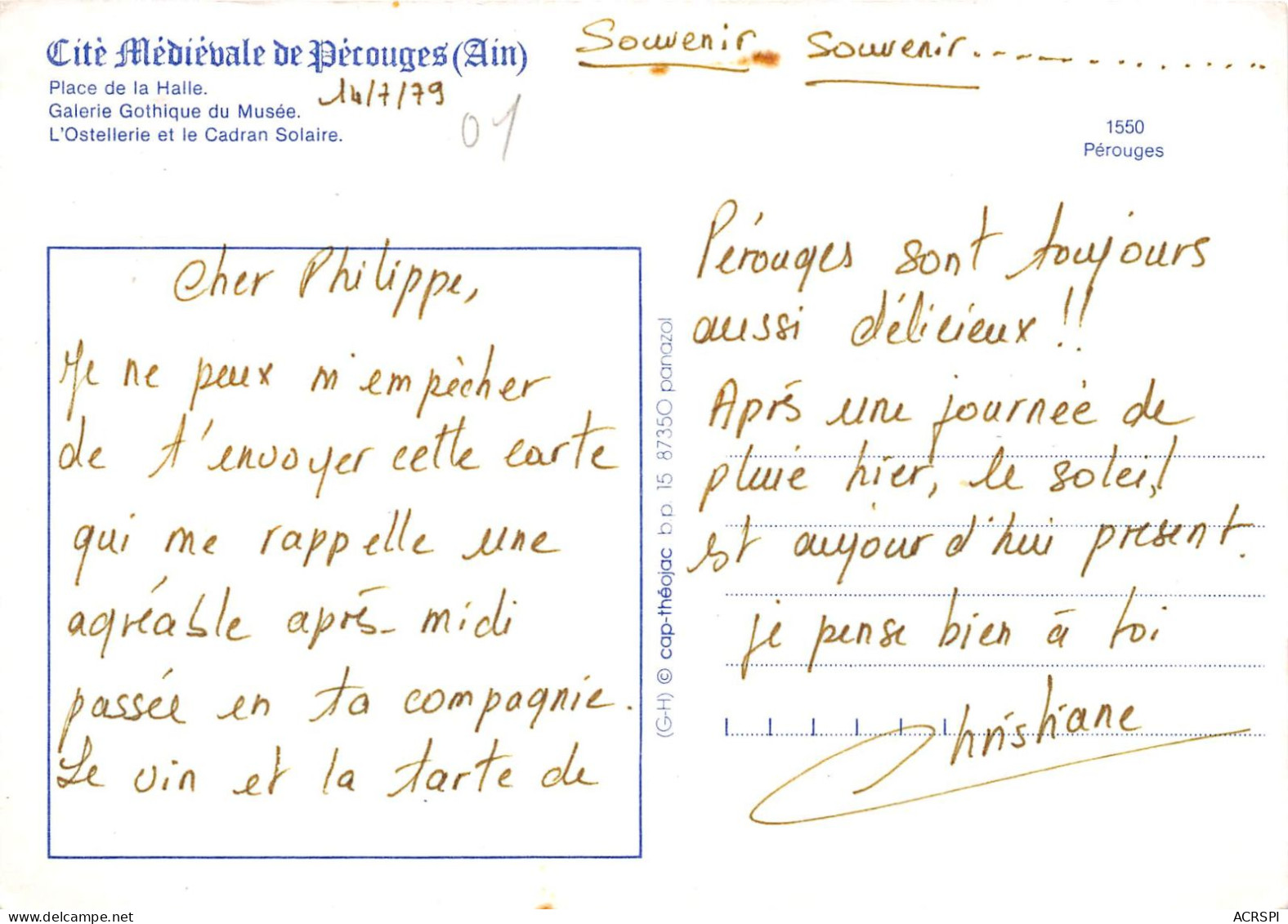 Cite Medievale De PEROUGES Place De La Halle Galerie Gothique Du Musee L Ostellerie 1(scan Recto-verso) MB2305 - Pérouges