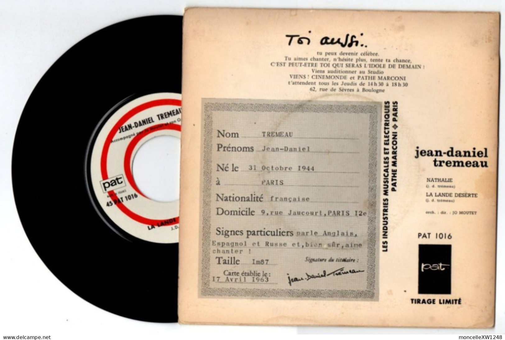 Jean-Daniel Tremeau - 45 T SP Nathalie (1963) - Andere & Zonder Classificatie