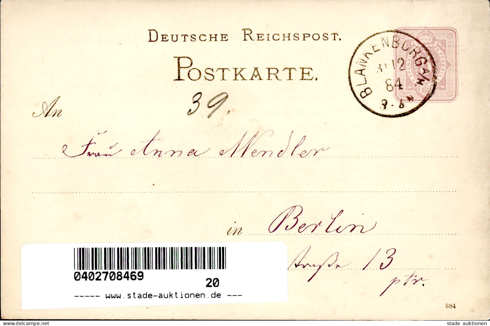 Vorläufer 1884 Blankenburg GSK PP6 Mit Aufgeklebtem Kleinfoto 31.12.1884 Nach Berlin - Other & Unclassified