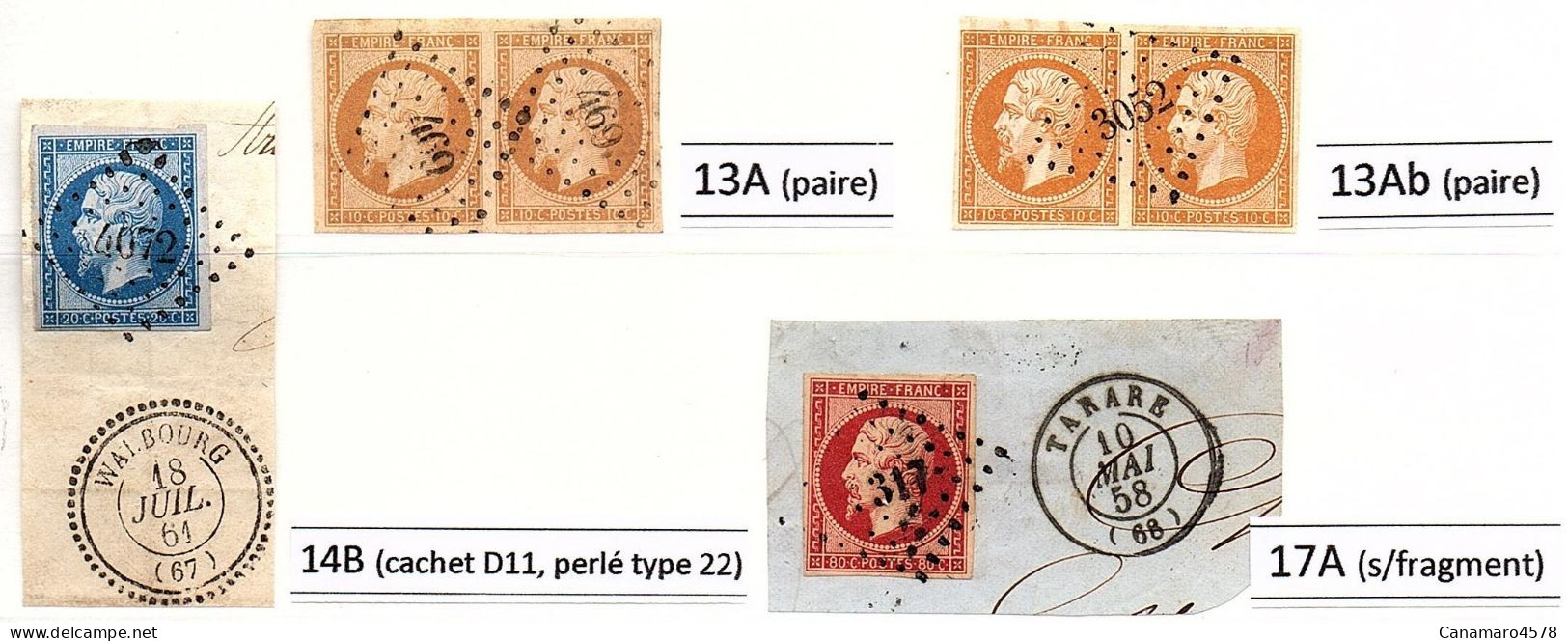 FRANCE - 1852/1862 - Napoléon III , Empire n° 11b à 17A , Oblitérations P.c. et lettre , Càd type 15 + variétés . T.T.B.