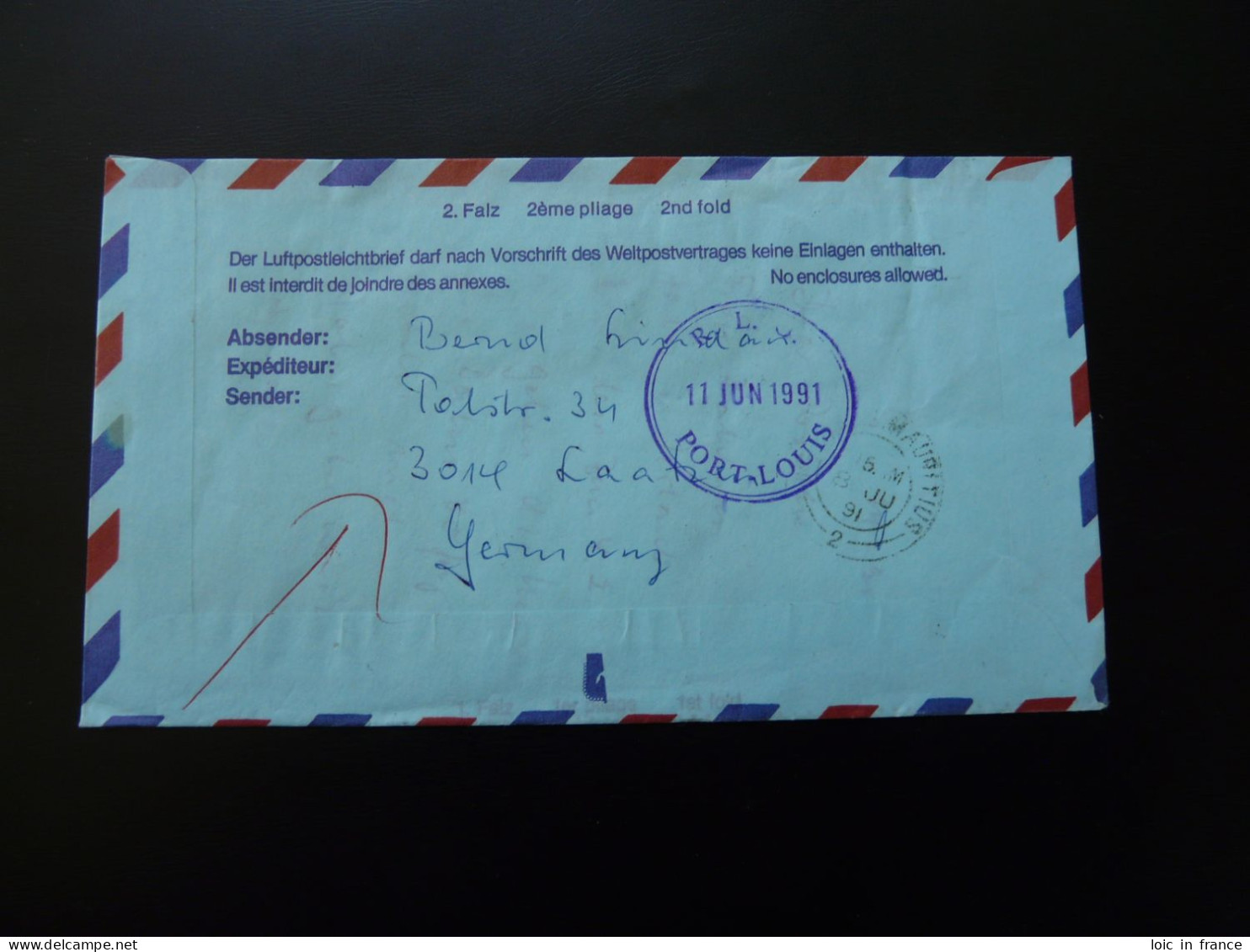 Lettre Par Avion Air Mail Cover Luftpost Hannover -> Maurice Mauritius 1991 - Storia Postale