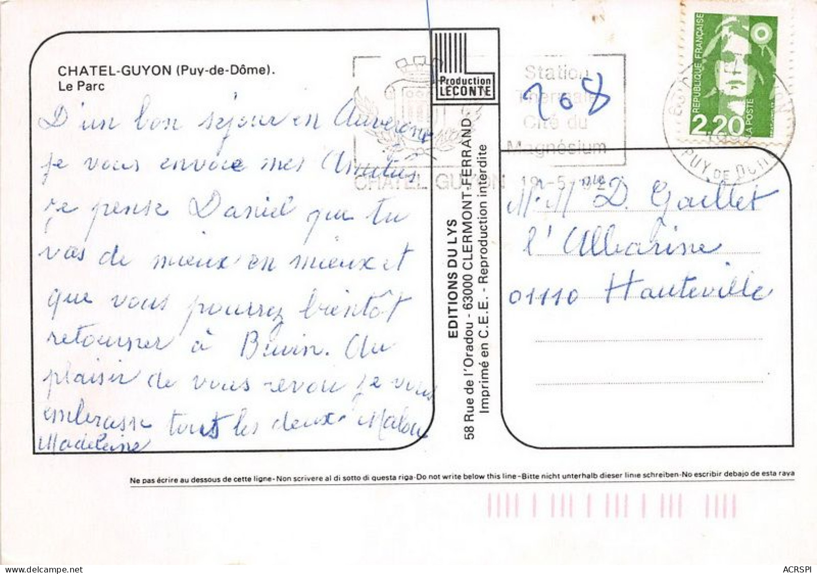 CHATEL GUYON Le Parc 8(scan Recto-verso) MA1482 - Châtel-Guyon