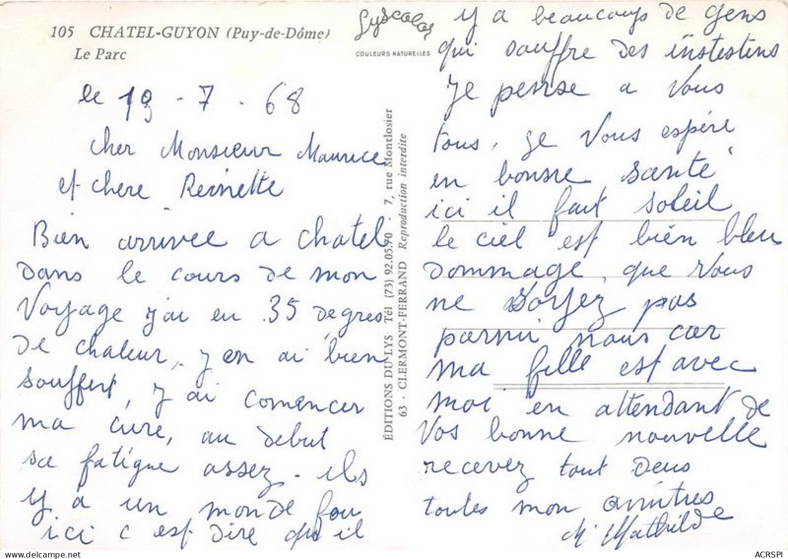 CHATEL GUYON Le Parc 6(scan Recto-verso) MA1486 - Châtel-Guyon