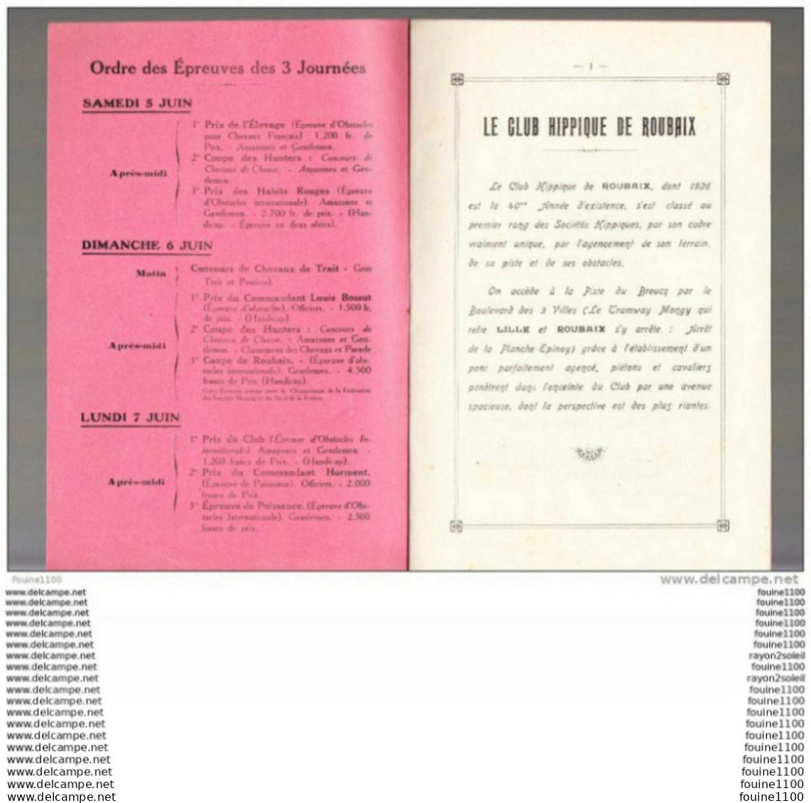 Programme De 1926  Concours Hippique Ville Roubaix ( 59 )( Chevaux ) - Programmes