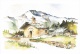 Aquarelle D´Hélène GODILLON - Paysage : église Et Chalets De Montagne - Circulée, 2 Scans - Paintings