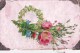 CPA FANTAISIE COLLAGE CHROMO AJOUTIS FLEUR HERBAGE PAILLETTE FOND ROSE - Other & Unclassified