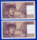 DEUX BILLETS PAIRE 20 FRANCS DEBUSSY SPL PLI VERTICAL ET HORIZONTAL TYPE 1980 ALPHABET M.009 N° 521581 ET 521582-1982 - 20 F 1980-1997 ''Debussy''