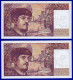 DEUX BILLETS PAIRE 20 FRANCS DEBUSSY NEUF LEGERE TRACE DE COMPTAGE TYPE 1980 ALPHABET H.016 N° 463540 ET 463539 DE 1986 - 20 F 1980-1997 ''Debussy''