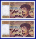 DEUX BILLETS PAIRE 20 FRANCS DEBUSSY NEUF LEGERE TRACE DE COMPTAGE TYPE 1980 ALPHABET U.020 N° 637106 ET 637107 DE 1987 - 20 F 1980-1997 ''Debussy''