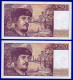 DEUX BILLETS PAIRE 20 FRANCS DEBUSSY NEUF LEGERE TRACE DE COMPTAGE TYPE 1980 ALPHABET U.020 N° 637106 ET 637107 DE 1987 - 20 F 1980-1997 ''Debussy''